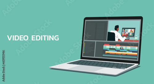 video editing software on laptop computer, workplace for freelancer video editor, vlogger or movie making, vector flat illustration