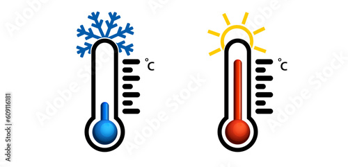 Hot and cold meteorology thermometers on transparent background. Blue and red thermometers. Vector illustration 02