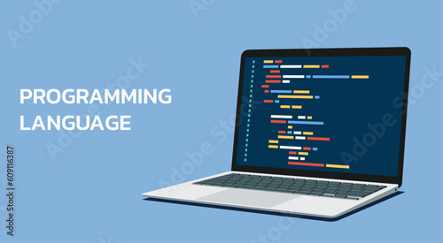laptop computer software with programming coding text on screen, vector flat illustration	
