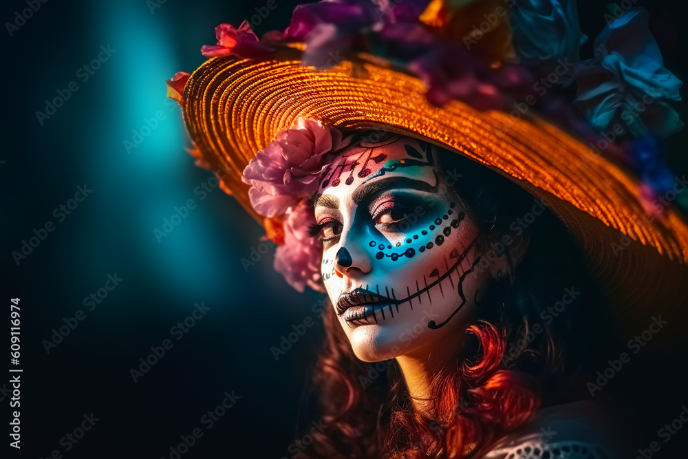 Dia de los muertos portrait of Calavera Catrina. Young woman with sugar skull makeup. Generative AI illustration