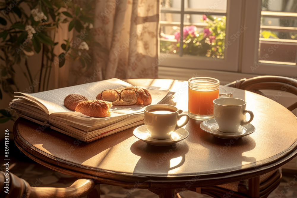 Morning coffee and newspaper on a cozy breakfast table. Morning coffee and newspaper on a cozy breakfast table.
