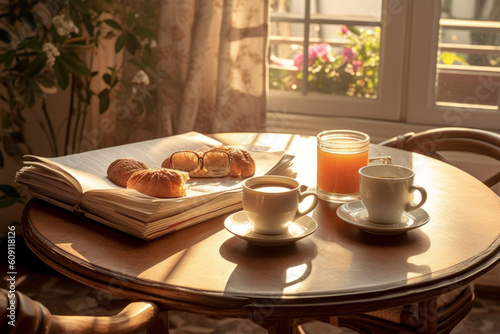 Morning coffee and newspaper on a cozy breakfast table.