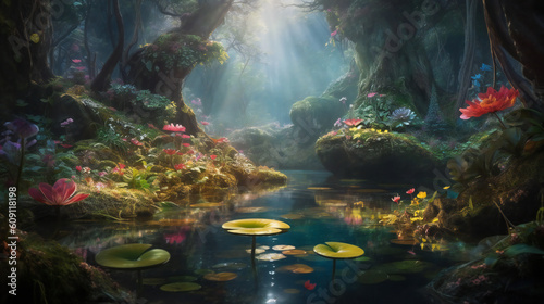 Step into a world of enchantment and wonder with a stunning  hyper-realistic image of nature that captures the essence of its magical beauty. Created using generative AI.