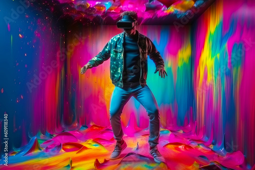 Young man wearing virtual reality glasses and dancing in room with splashes of paint. Augmented reality. Generative AI illustration