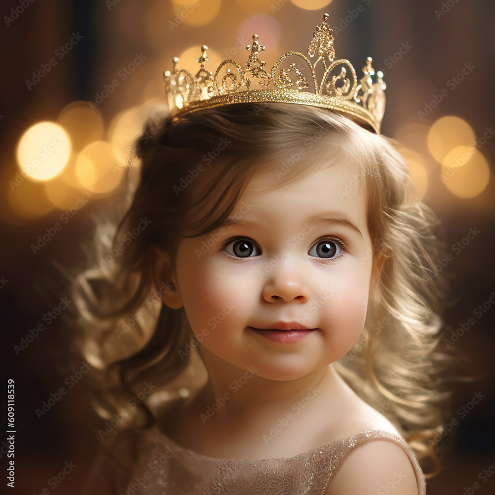 Cute baby girl 23 year old wear golden crown symbol of princess. Childhood concept. Every girl