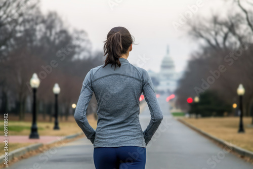 Woman running in the city in winter. Generative AI.