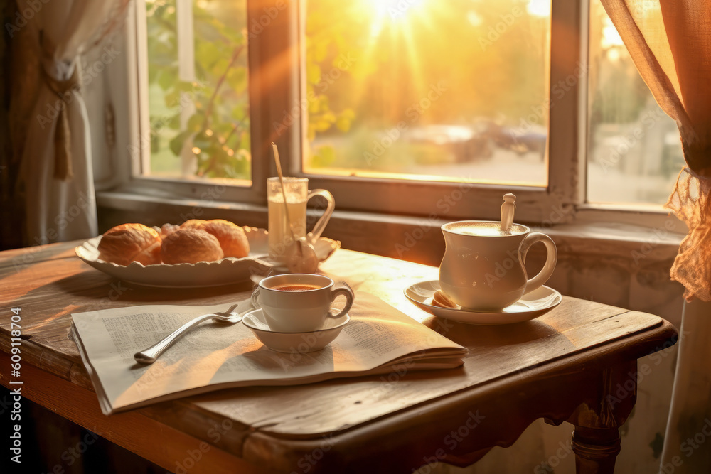 Morning coffee and newspaper on a cozy breakfast table.