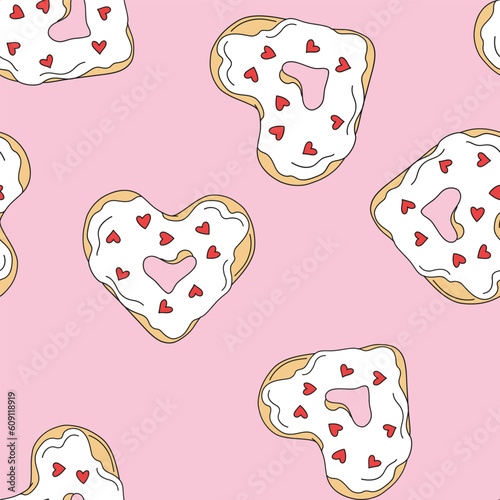 Heart shaped donut vector seamless pattern. Romantic Valentines Day background.
