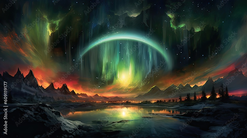 Painting of colourful aurora bore in the sky over lake and mountains 