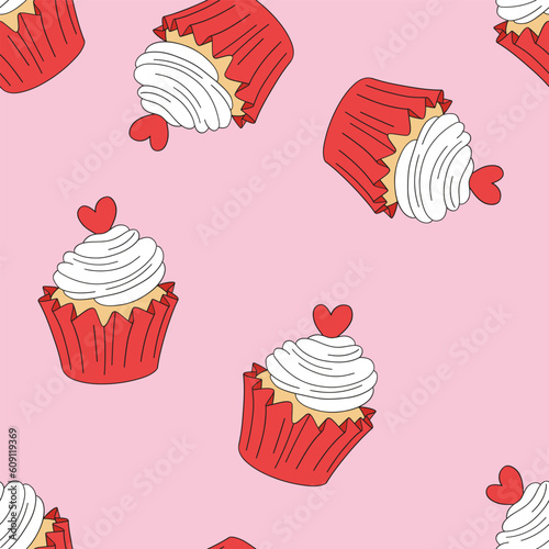Sweet romantic cupcakes with heart on top vector seamless pattern. Valentines Day dessert background. 
