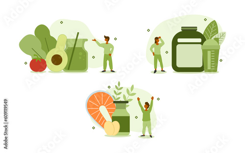 healthy nutrition illustration set. characters opted for fresh vegetables and good protein from milk, eggs, salmon and whey protein. health food eating concept. vector illustration.