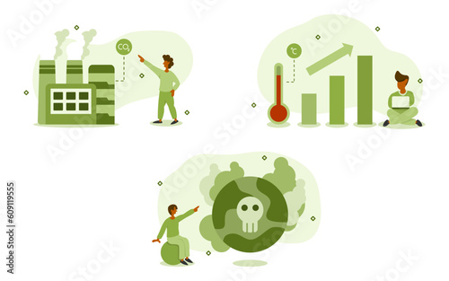 industry pollution illustration set. characters are watching industrial CO2 emissions which are causing world to become more polluted and hotter. pollution from industry concept. vector illustration.
