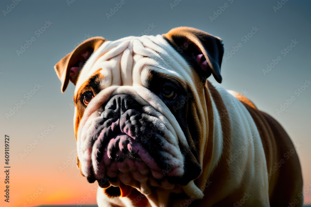 Digital photo of a cute English bulldog puppy on a tropical beach at sunset. Wildlife imagery, the concept of ecological environment. Generative AI