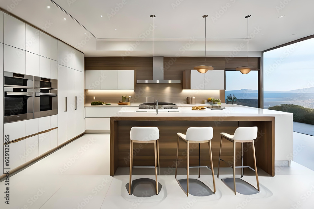 A sleek and modern kitchen with minimalist white cabinets, a large ...