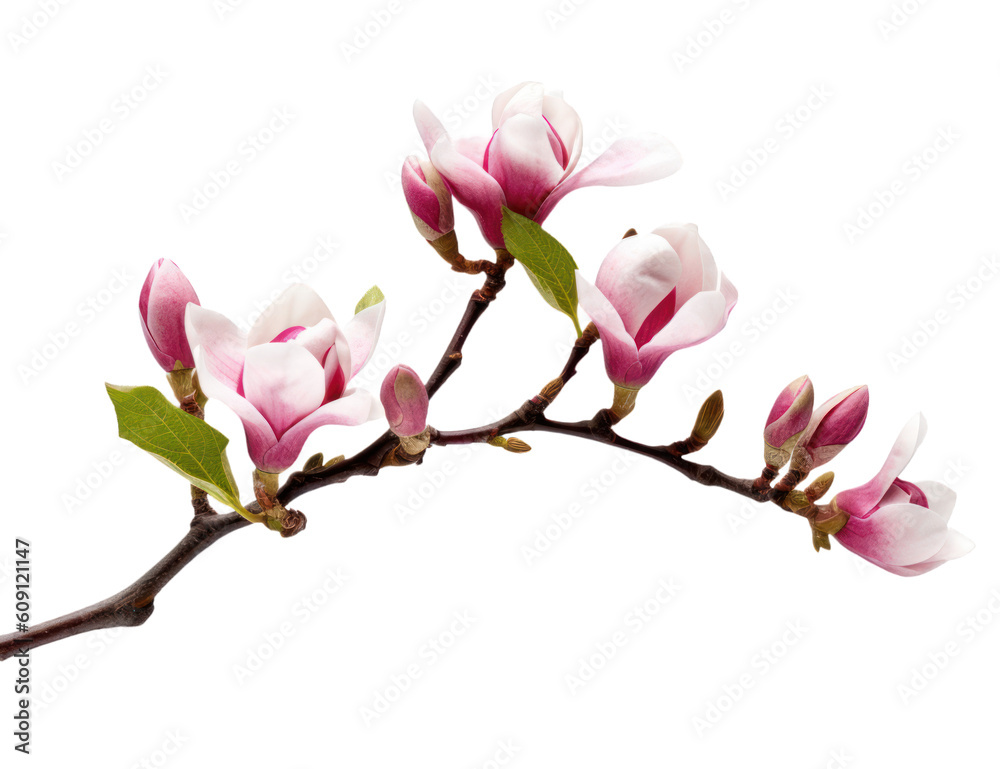 Illustration of beautiful blooming magnolia branch with pink flowers. Floral decorative element on transparent background. PNG clip art element. Generated with AI.