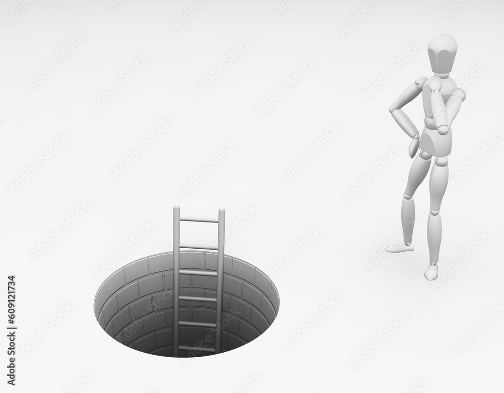 Fototapeta premium 3D render of someone wondering whether to climb down a tunnel