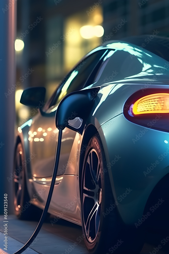 the concept of charging stations for electric vehicles of the future, electric gas stations for cars of the future, a symbolic car is charging in the lights of a metropolis, generative ai
