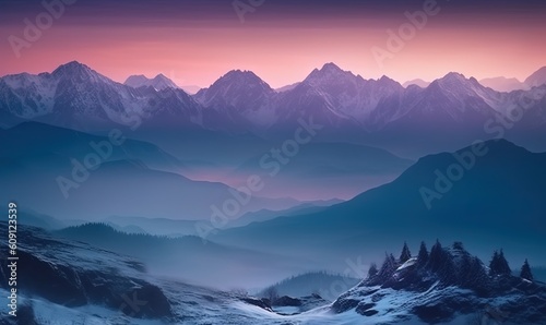  a view of a mountain range with a sunset in the background.  generative ai