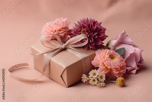Gift box with the flowers on top placed on the plain background, Generative AI