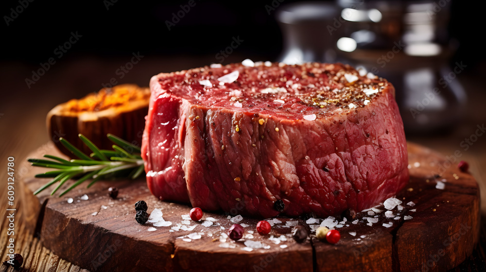 Raw beef filet Mignon steak on a wooden Board with pepper and salt, black Angus marbled meat created with Generative AI technology Raw beef filet Mignon steak on a wooden Board with pepper and salt, black Angus marbled meat created with Generative AI technology