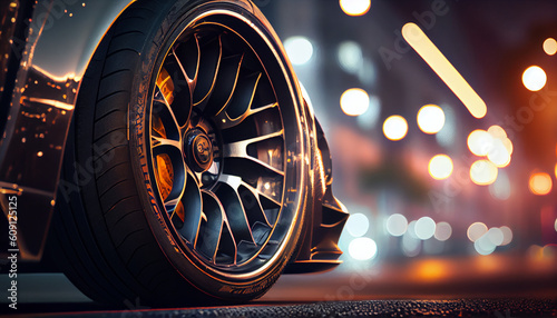 An aluminum rim on a sports car wheel. Defocused night street and lights in the background. Layout. AI generative. photo