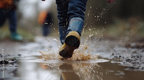 close up of a man with hiking boots jumping in a puddle. Generative AI