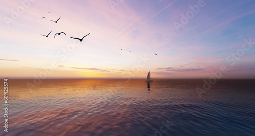 ULTRA HD. Dramatic sea sunset. Burning sky and shining golden waves. Red sky, yellow sun and amazing sea. Summer sunset seascape. Travel Concept. Image suitable for hotel promotion. 3D Rendering.