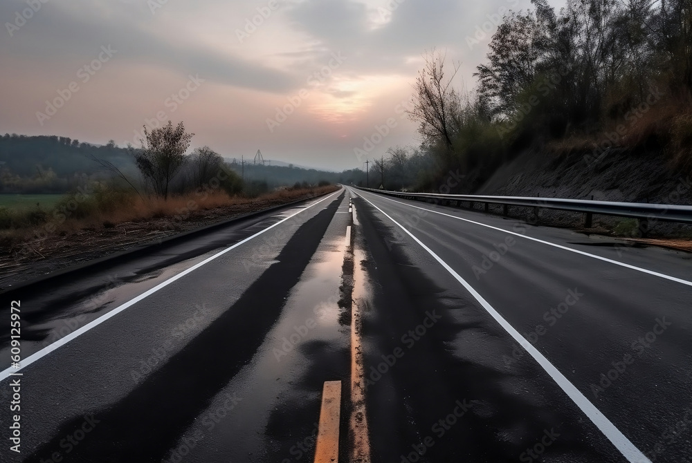 Black Asphalt Road And White Dividing Lines. Highway in early morning. digital ai art
