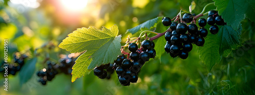 A branch with Natural blackcurrant on a blurred background of a currant garden at golden hour. The concept of organic  local  seasonal fruits and harvest