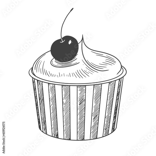 Ice cream sketch. Sundae in paper bowl isolated on white background. Frozen dessert with cherry. Black and white gelato drawing with hatching.
