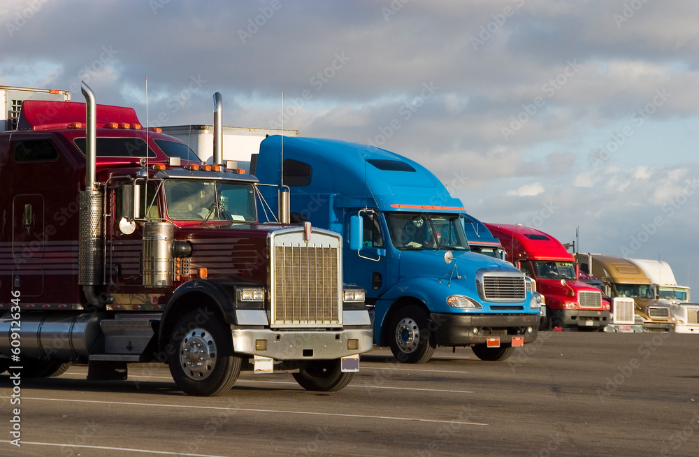 Tractor-trailer trucks in a line at a rest stop