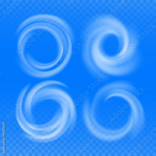 Air Flow Swirl Light Effect Set. Vector Spiral Wind Circle Stream Illustration. Circular Air Vortex Waves From Conditioner