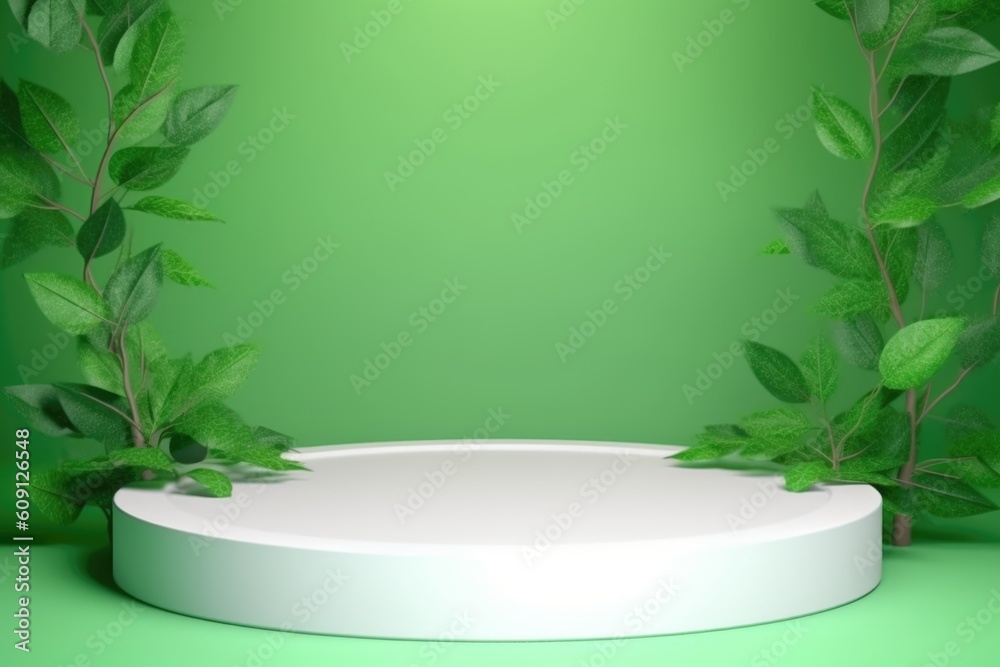 Abstract background for branding and minimal presentation. white podium on green background with leaves. nature, naturalness, beauty Abstract background for branding and minimal presentation. white podium on green background with leaves. nature, naturalness, beauty