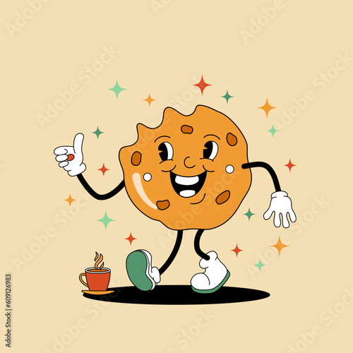 Comic flat cookie shape with face on decorated background. Vector cartoon illustration in groovy retro style with bakery. Square image of cute tasty biscuit character with smile for poster or flyer
