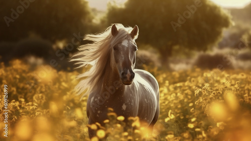 horse with long hair in a field among yellow flowers