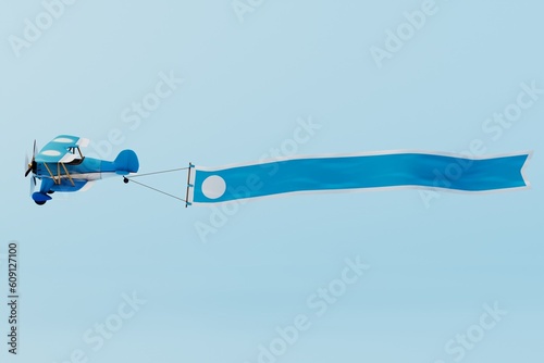 Propeller aircraft with a long blue advertising banner made of fabric. Isolated on a blue background. 3d render