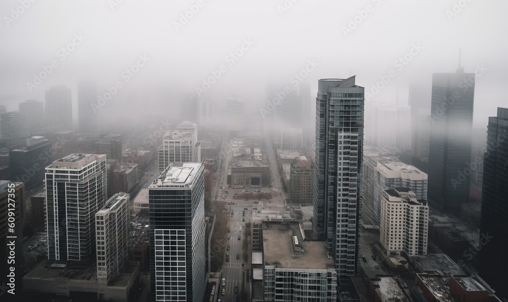  a foggy city with tall buildings in the foreground.  generative ai