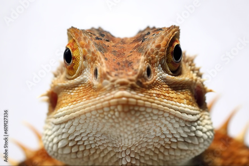 A close up of a lizard s face with a white background. Generative AI.