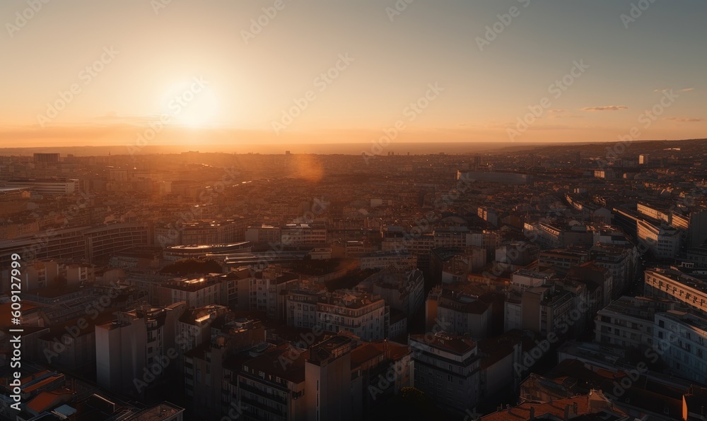  the sun is setting over the city of paris, france.  generative ai