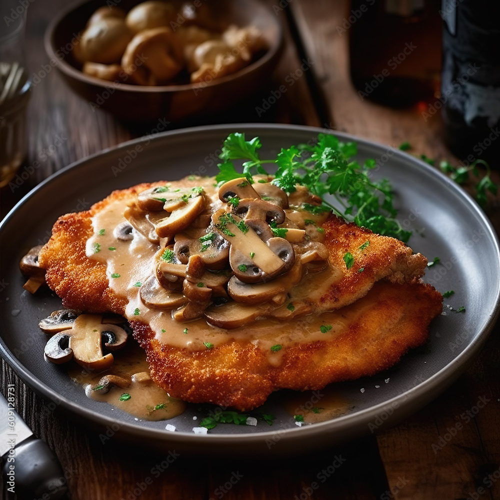 Ein saftiges Schweineschnitzel wird mit einer herzhaften Pilzrahmsauce ...