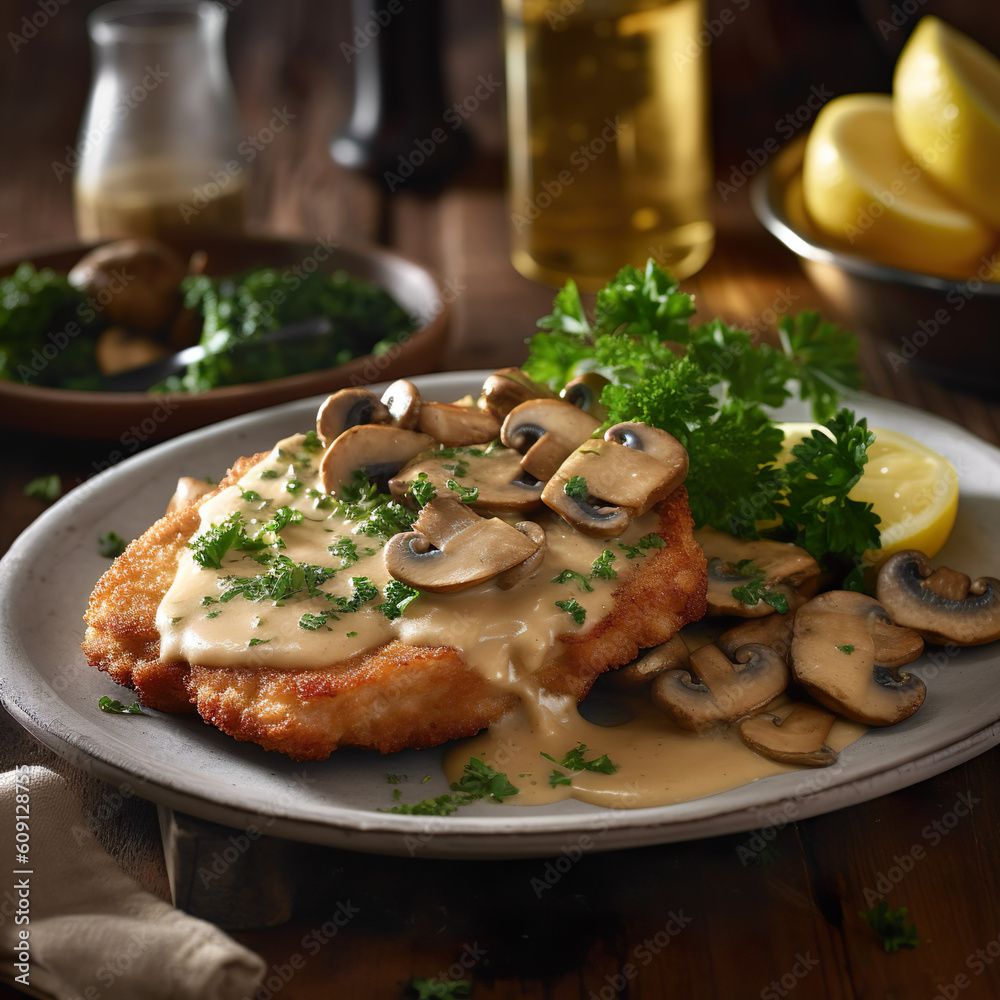 Ein saftiges Schweineschnitzel wird mit einer herzhaften Pilzrahmsauce ...