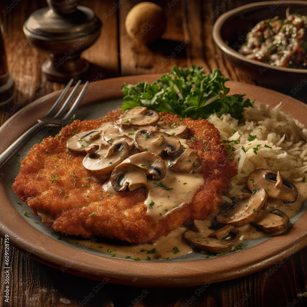 Ein saftiges Schweineschnitzel wird mit einer herzhaften Pilzrahmsauce ...