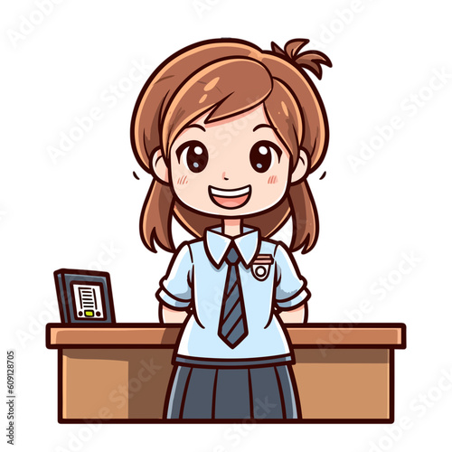 a cute student girl standing front of desk