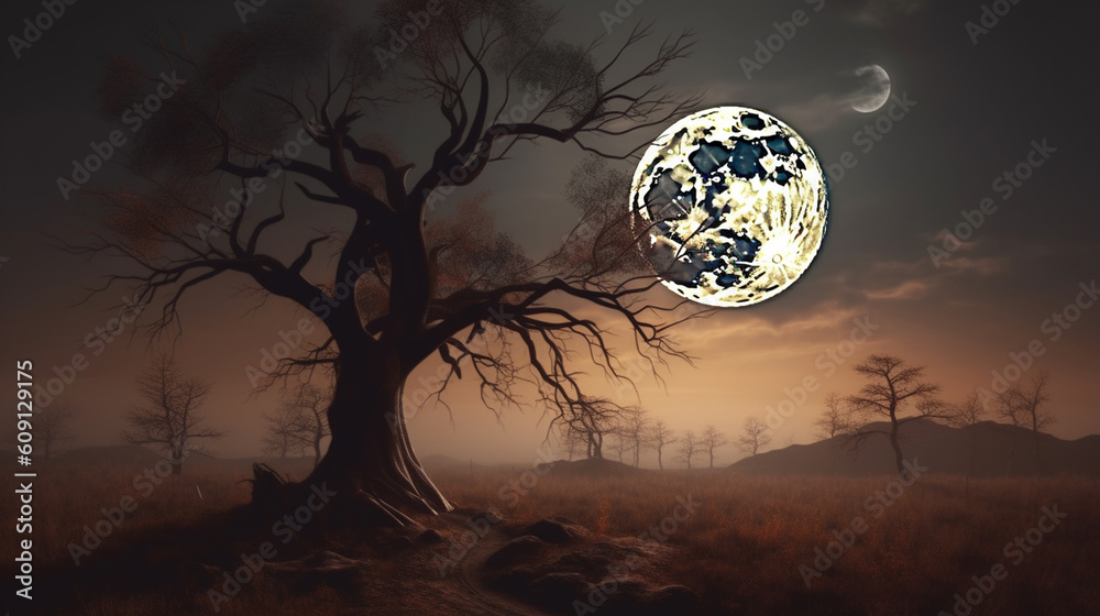 Halloween background with full moon and big tree.generative ai