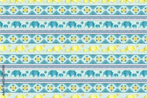 Ethnic Elephants Origami Style Seamless Pattern.  Vector design for fabric, tile, embroidery, carpet, background and wallpaper