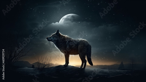 Wolf in the dark forest at night. Mixed media.generative ai © S...