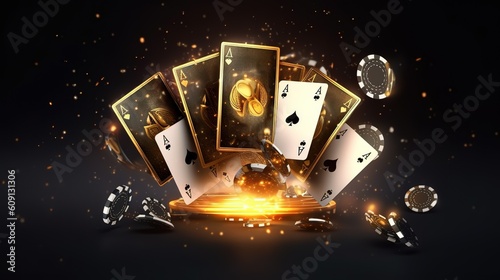 Creative poker template, background design with golden playing cards and poker chips on a dark background. Casino concept, gambling, header for the site. Copy space, 3D illustration, 3D render, ai