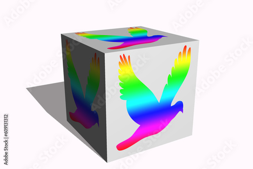 3D illustration of a colorful bird icon on a white background
