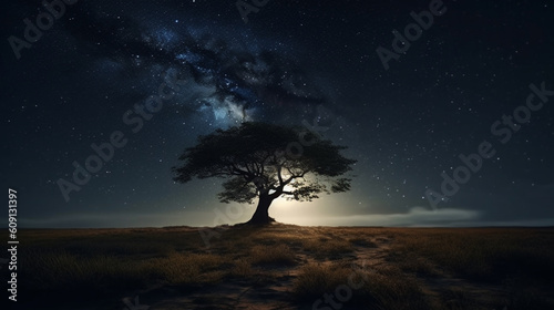 Fantasy landscape with big tree and starry sky.generative ai