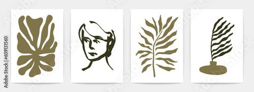 Contemporary posters. Modern Matisse inspired art, abstract algae plant vase face, minimal interior decor. Vector set